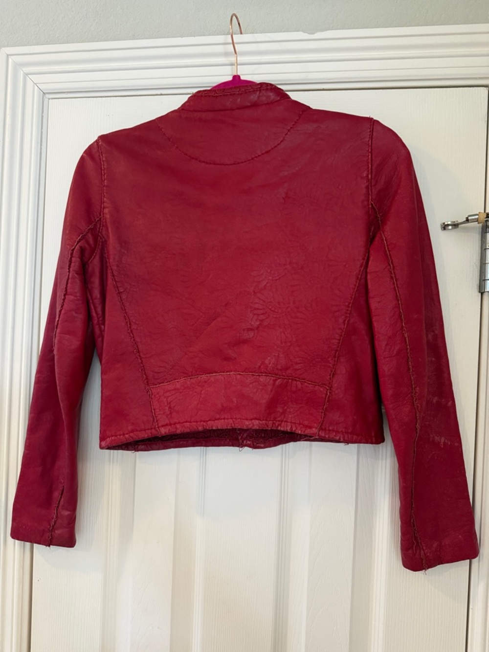 Maje Paris Red “Bonnie” Lamb Leather Moto Jacket with Asymmetrical Zip - Picture 3 of 6